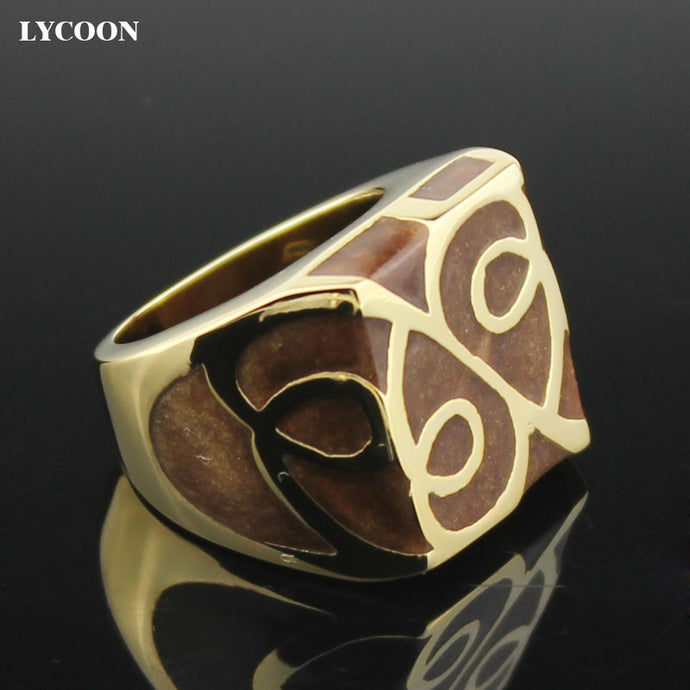 LYCOON hot sale man or woman square ring 316L stainless steel in gold with Brown resin Imported Enamel party rings SUK0055